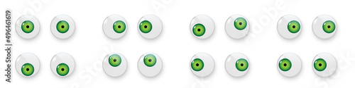 Toy eyes set vector illustration. Wobbly plastic open green eyeballs of dolls looking up, down, left, right, crazy round parts with black pupil collection isolated on white background