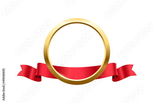 3d gold ring on red silk ribbon, celebration badge with circle golden frame and glitter