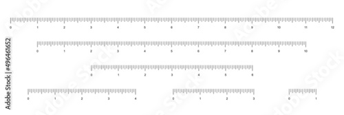 Set of rulers to measure length in inches vector illustration. Simple school instrument with English system measures scales for measurement 12, 10, 6, 4, 3, 1 inches, collection for math background.