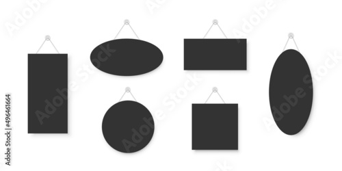 Realistic empty blank black signboards hanged on suction cup. Circle, rectangle, oval and square frame templates hanging on wall. Price tags mockup. Advertisement, promotion isolated on white.