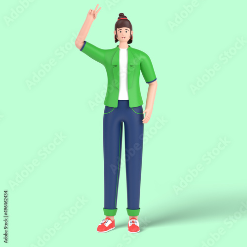 3d female character showing and pointing up with fingers number two, victory sign
