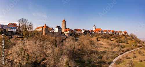 Luftbild der historischen Altstadt von Waldenburg im Hohenlohekreis mit Kirche und Lachnersturm photo