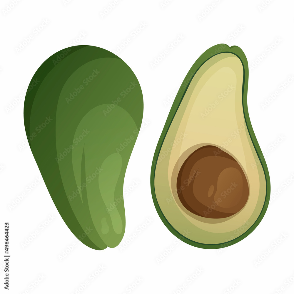Avocado vector illustration. Whole and half vegetable. Healthy lifestyle concept, control weight with vitamins and diet, keep fit, isolated transparent background