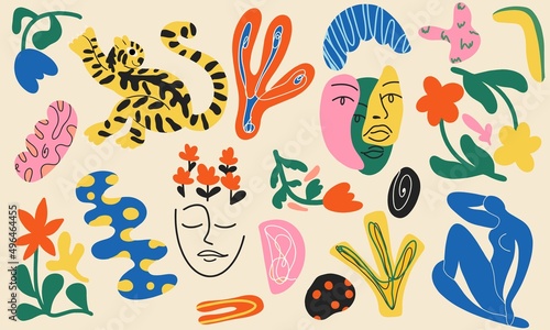 Set of trendy doodle and abstract nature symbols on isolated white background. Big summer collection, random organic shapes in freehand art Matisse style. Includes people, flower art, animals.