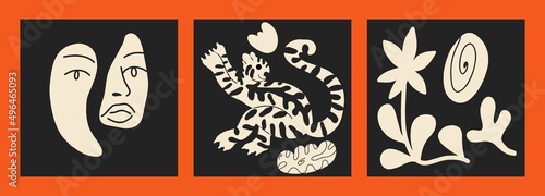 Set of abstract posters, various doodles. Black and white colors. Human face, tiger and flowers. Flat design, cartoon, vector illustration. All elements are isolated.