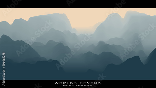 Abstract gray landscape with misty fog till horizon over mountain slopes. Gradient eroded terrain surface. Worlds beyond.