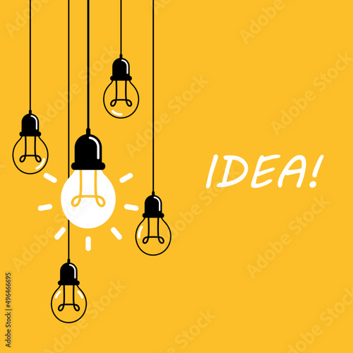 Bright idea concept with outage several bulbs and have one light bulb on a yellow background. Vector illustration flat graphic design for banner, poster, template, presentation, and background.