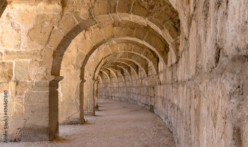 Aspendos. The columned gallery above the auditorium-theatre of the Roman Amphiteatre Aspendos  a tourist attraction in Antalya  Turkey.