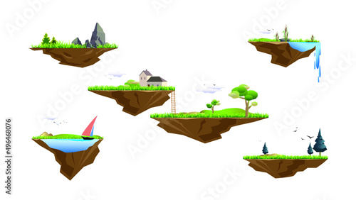 Set of game elements. The platforms with grass, trees,  mountains, stones, houses, lakes with cattail bushes and a sailboat, a waterfall, others. Vector drawings for mobile games.
