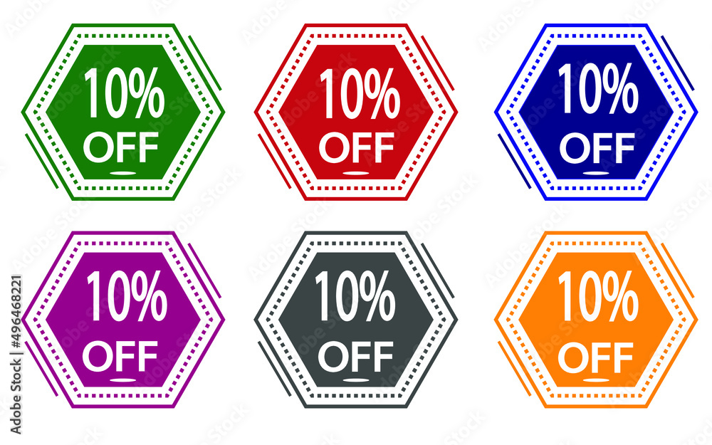 10% discount on colored label. special offer icon for stores green, red, blue, pink, gray and orange. 10% discount on colored label. special offer icon for stores green, red, blue, pink, gray and orange.