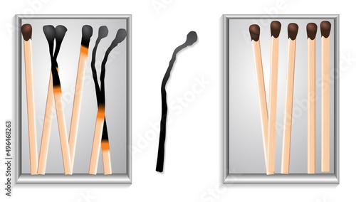 Matches ignite burn mockup set realistic. set 

of burnt match at different stages isolated 

on white background. opened blank box of 

brown matches with burned.
