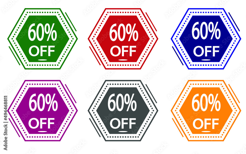 60% discount on colored label. special offer icon for stores green, red, blue, pink, gray and orange.