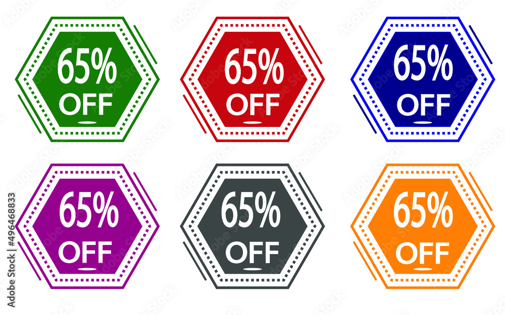 65% discount on colored label. special offer icon for stores green, red, blue, pink, gray and orange.