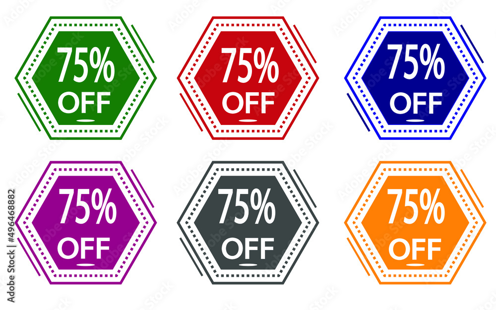 75% discount on colored label. special offer icon for stores green, red, blue, pink, gray and orange. 75% discount on colored label. special offer icon for stores green, red, blue, pink, gray and orange.