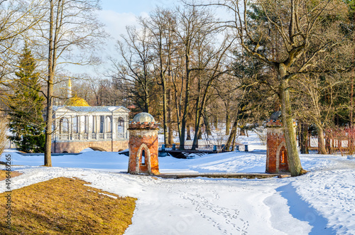 View of the Turkish  Red  Cascade and the Marble Bridge in the Catherine Park in early spring  Pushkin  Tsarskoye Selo   St. Petersburg  Russia