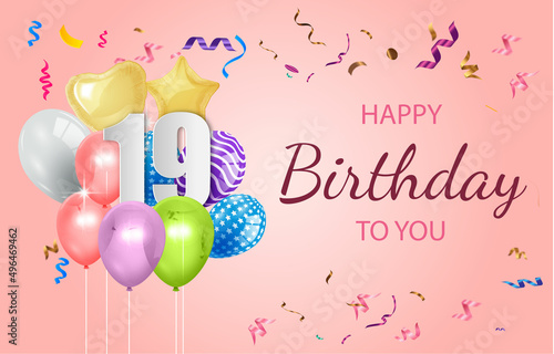 Happy 19th birthday balloons greeting card background vector. Happy birthday background with balloons, Happy birthday vector illustration