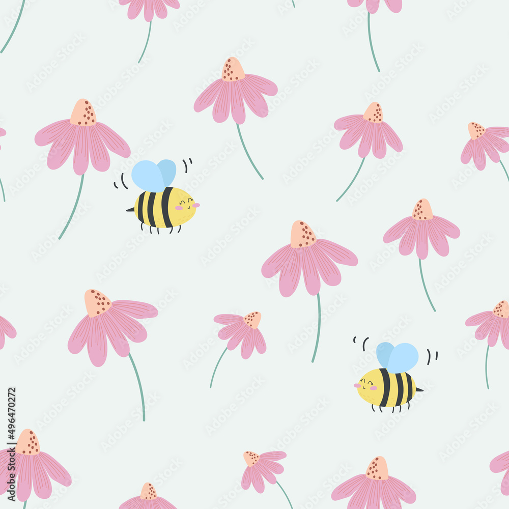 Vector seamless pattern with cute flowers and a bee. Bee on a flower meadow
