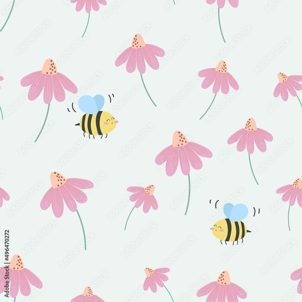 Vector seamless pattern with cute flowers and a bee. Bee on a flower meadow Vector seamless pattern with cute flowers and a bee. Bee on a flower meadow