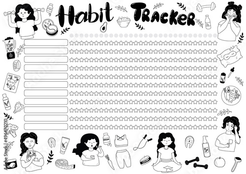 Vector illustration of a habit tracker in A4 format with doodle illustrations of a healthy lifestyle