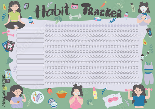 Vector illustration of a habit tracker in A4 format with doodle illustrations of a healthy lifestyle
