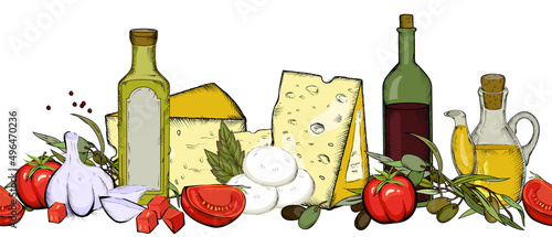 Seamless border background with products of Italian and Mediterranean food, hand drawn vector illustration isolated on white. Endless repeatable border frame for italian or greece food.