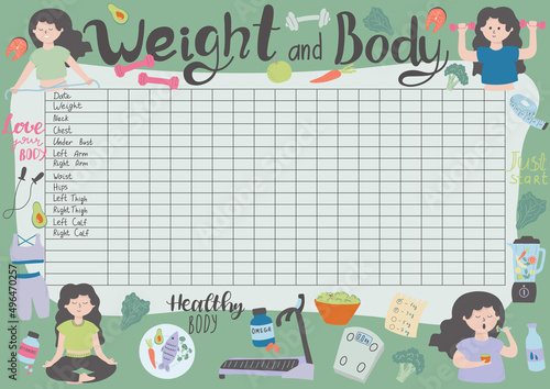 Vector illustration of weight and body measurement tracker in A4 format with doodle illustrations.Weight loss,healthy lifestyle concept for losing weight people.