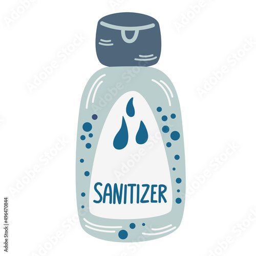 Sanitizer. Bottle with antiseptic for hands. Disinfection item. Personal protection from infection. Vector cartoon illustrations