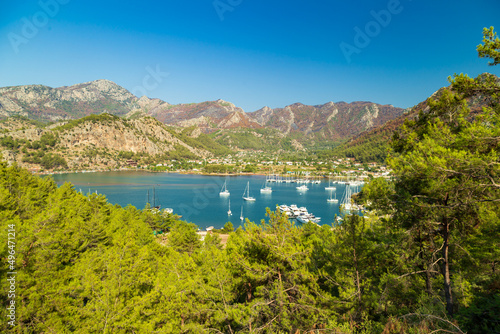 Trees burnt in forest fires of July 2021 in Marmaris resort town of Turkey from helicopter. Aerial view of Beautiful blue bays ans sea