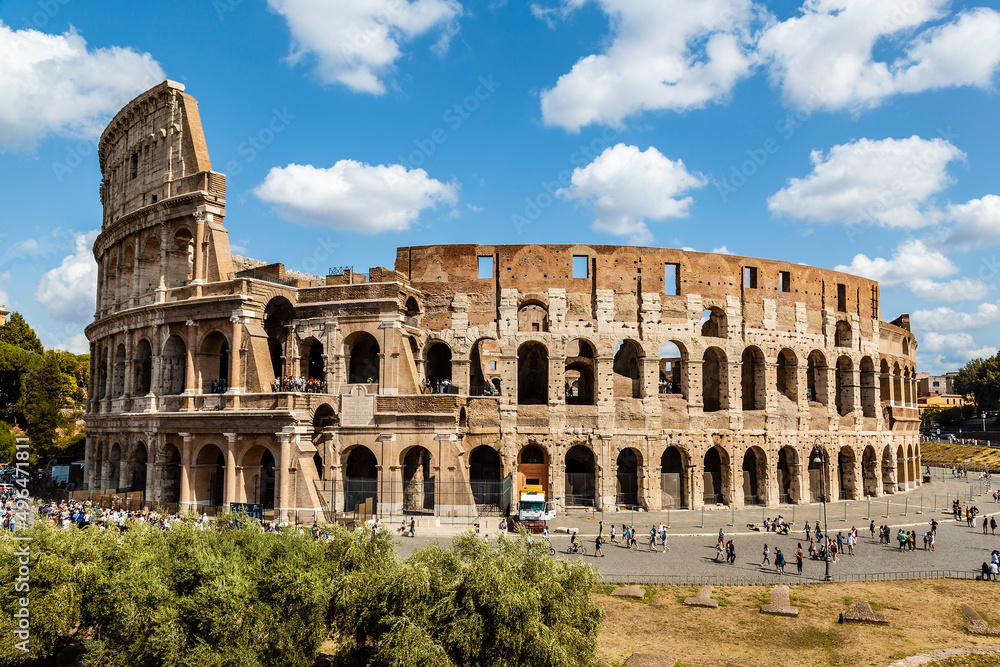 View of the Colosseum or the Flavian Amphitheater - an architectural monument of ancient Rome. Italy