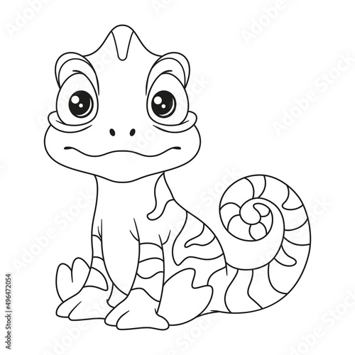 Cute little chameleon coloring page. Outline vector cartoon illustration