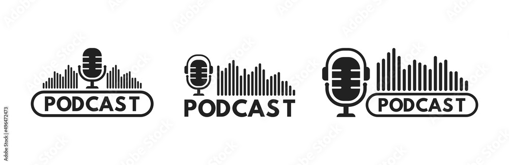 Podcast icon, logo set with studio microphone, headphones and sound waves in black color. Vector EPS 10 Podcast icon, logo set with studio microphone, headphones and sound waves in black color. Vector EPS 10