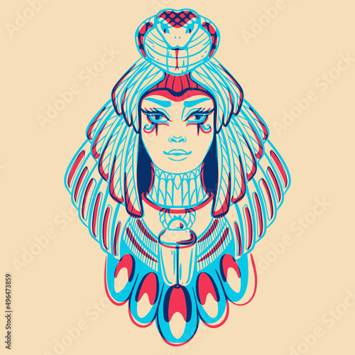 Egyptian princess. Colorful cute screen printing effect. Riso print effect. Vector illustration. Graphic element  for fabric, textile, clothing, wrapping paper, wallpaper, poster.