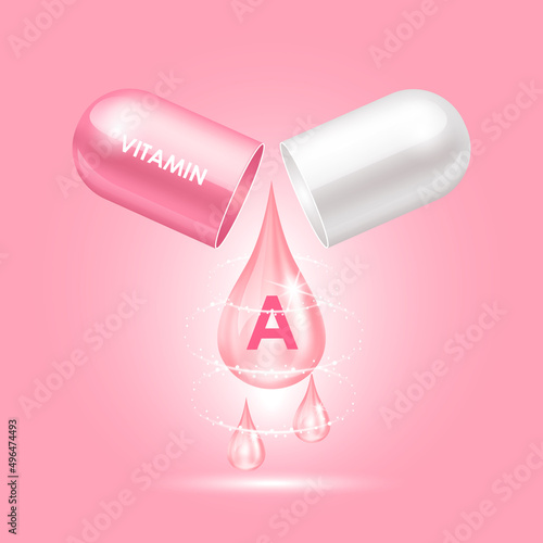 Capsule vitamin A (Thiamine) structure pink, white opened as drop of water. 3D Vector Illustration. Vitamin complex with chemical formula. Drug business concept. Personal care, beauty concept.