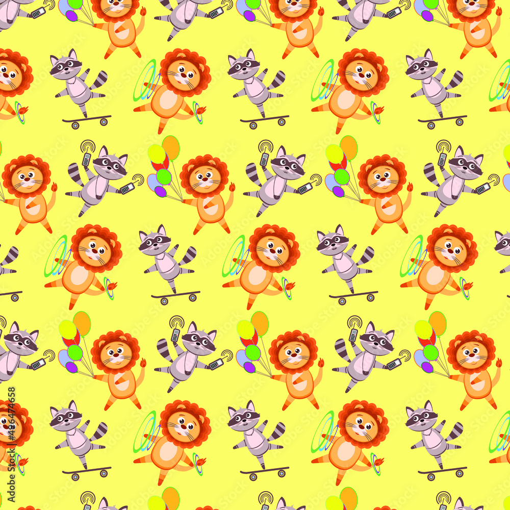 



Pattern, animals. Funny little raccoon and lion. Vector drawing, background, design, print.