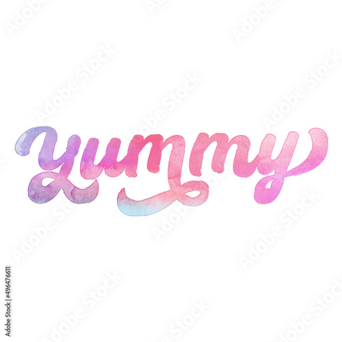 Word ‘Yummy’ written in hand-lettered watercolor script font.