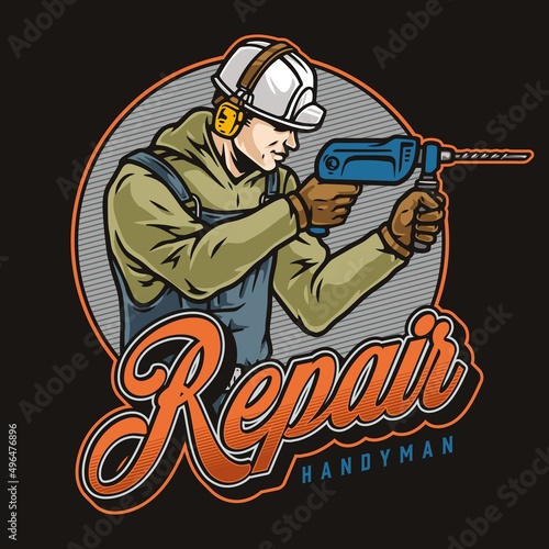 Handyman with drill round badge