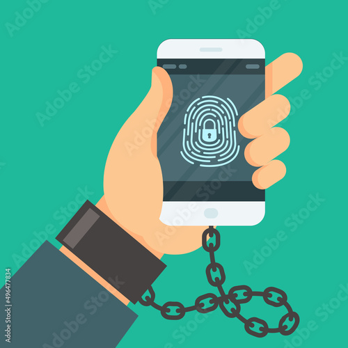 Internet addiction, hand chained with handcuff to smartphone, nomophobia concept, digital shadowing, social networks and media dependence, vector