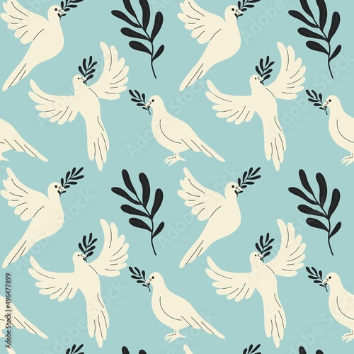 Seamless pattern with pigeons with olive vecta on a blue background. Dove as a symbol of world peace and freedom for Ukraine in wartime.