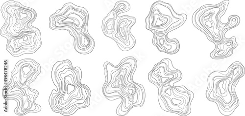 Set of abstract tree rings. Vector topographic map design elements. Contour map concept. Thin wavy lines.