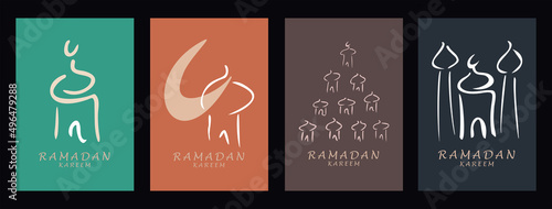 Set of vector illustration Ramadan Kareem with symbol of mosque. Islamic greeting card template with ramadan for wallpaper design, poster, media banner. 