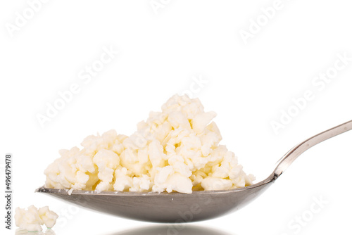 Fragrant tasty cottage cheese with a metal spoon, macro, isolated on a white background.