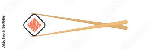 Chopsticks with sushi piece roll. Sushi utensil. Asian seafood. Vector isolated on white.