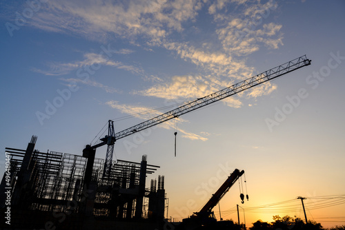 construction site silhouette Project work plan for designing houses and industrial buildings construction site at sunset in the evening