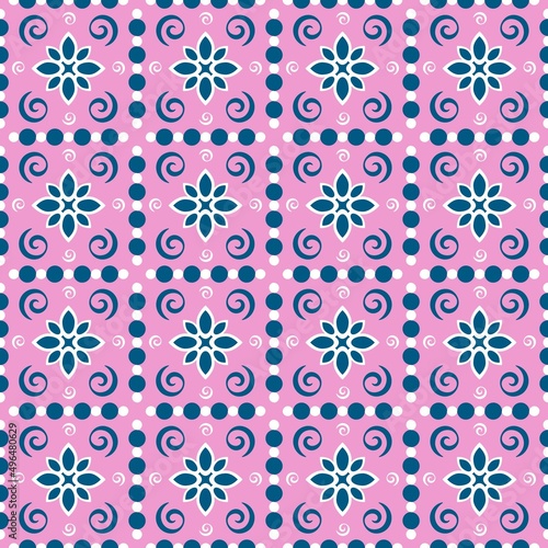 Seamless geometric pattern in scandinavian style with flowers and graphic elements of trendy interior design.