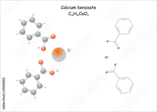 Stylized molecule model/structural formula of the food preservative calcium benzoate.