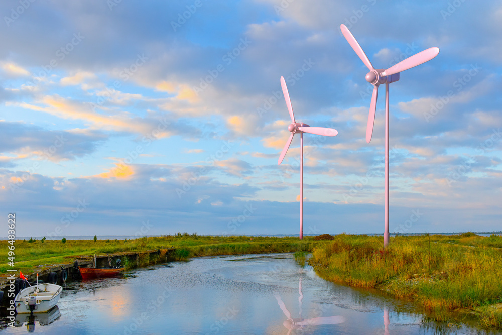 Fototapeta premium Wind turbines, green renewable energy, river, sea, water