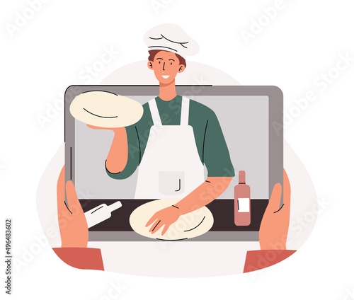 Cooks at home. Character watching video on smartphone, online courses and recipe for cooking. Young guy in cap in kitchen with dough in his hands, housework. Cartoon flat vector illustration