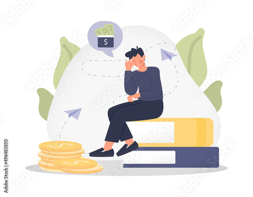 Financial problem concept. Man sits on stack of books next to column of coins. Character worries about money, problems at work and crisis. Worker with headache. Cartoon flat vector illustration