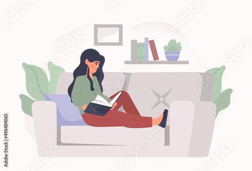 Woman reading book. Girl lies on sofa, rest after work and useful hobbies. Love for literature, self development and search for information, distance education. Cartoon flat vector illustration © Rudzhan