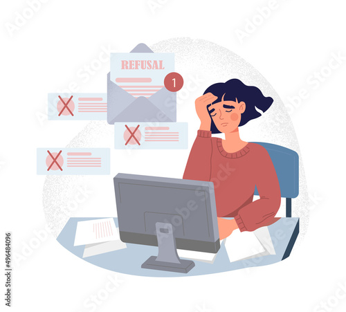 Rejected resume concept. Girl behind monitor screen holds her head. Woman not hired by company, unsuccessful candidate. Character reads letters, refusal metaphor. Cartoon flat vector illustration © Rudzhan